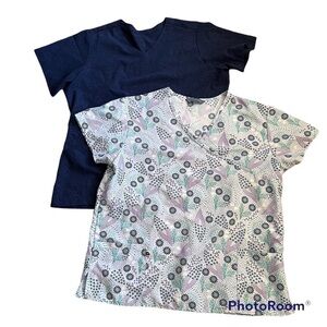 2 medical scrub tops, XL, blue animal print Jockey, white print Serene Uniforms